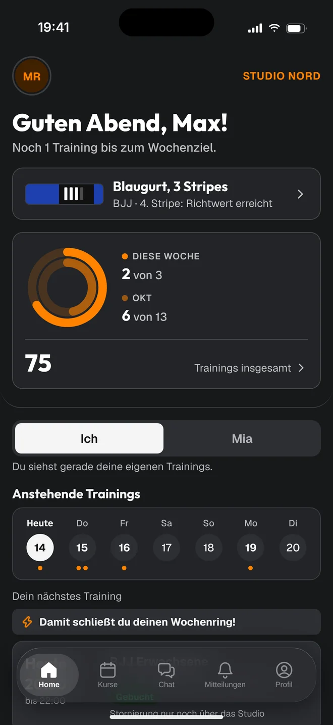 Startseite der App nach der Anmeldung