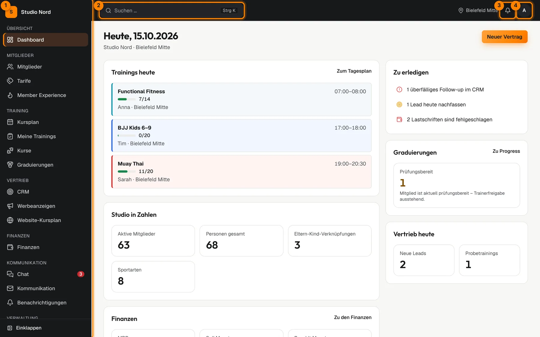 Die Startseite von TrainOps mit Seitenleiste und Kopfzeile