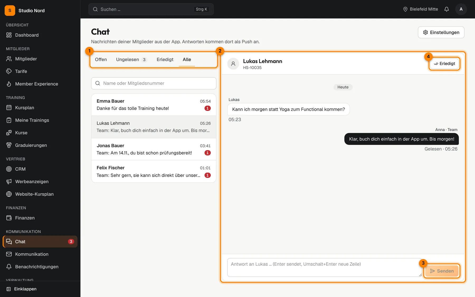 Der Chat mit Posteingang und Unterhaltung