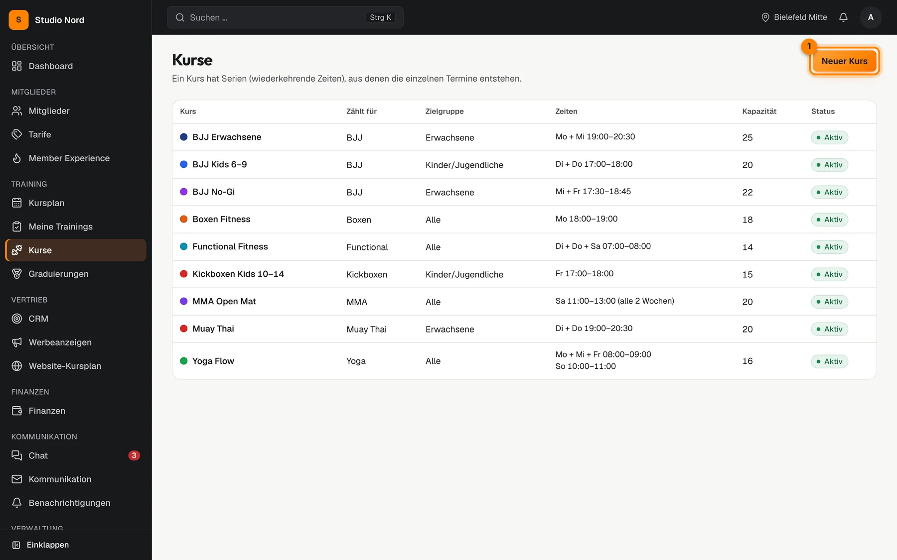 Kursliste mit dem Button „Neuer Kurs“
