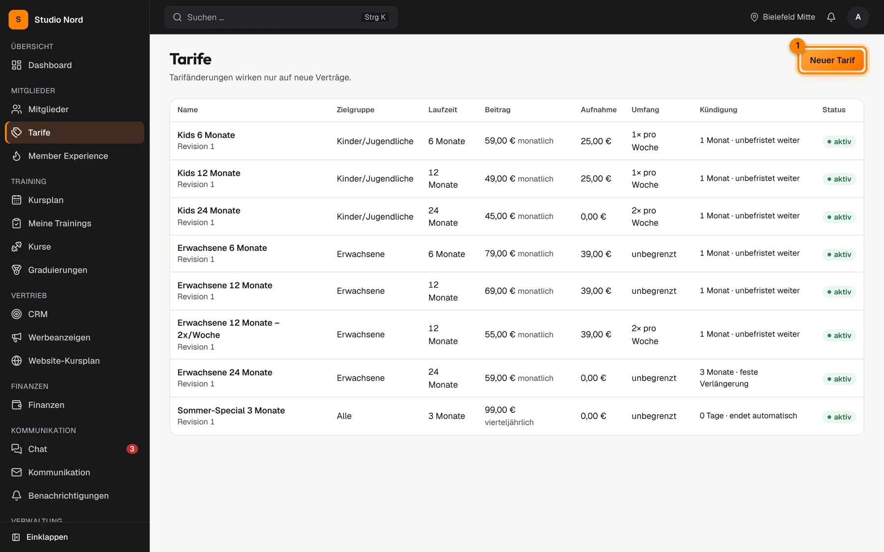 Tarifliste mit dem Button „Neuer Tarif“