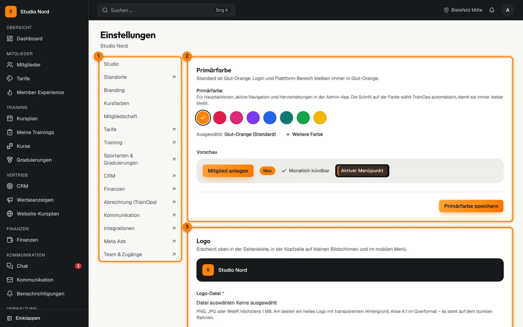 Die Einstellungen mit Bereichsliste, Primärfarbe und Logo