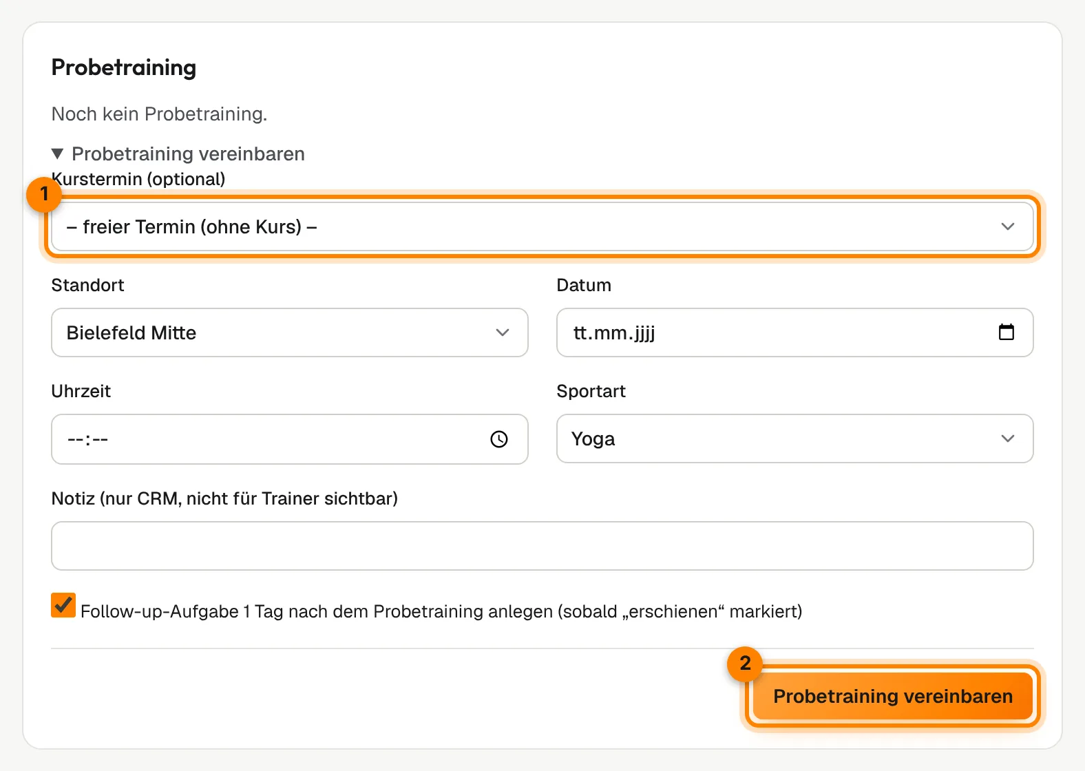 Bereich „Probetraining“ auf der Lead-Seite